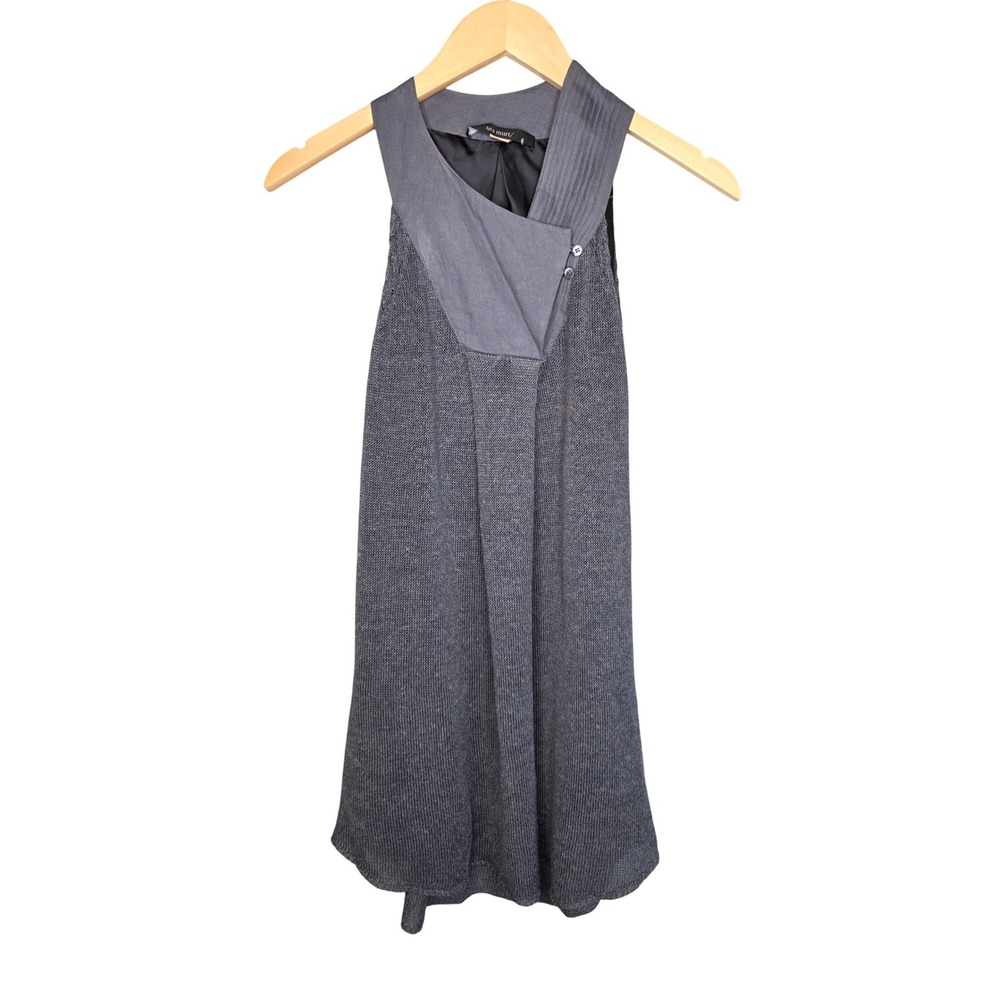 Sita Murt Sleeveless Knit Top Women 38 Gray Linen Blend Asymmetric Pleated Neck